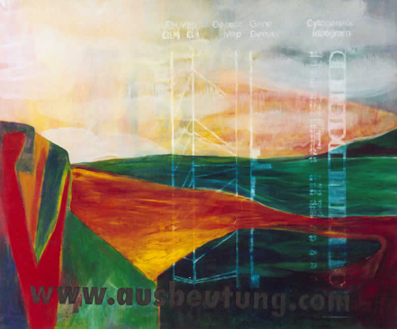 Ausbeutung, Acryl, Eisenoxid, Zeichenkohle und &Ouml;l auf Leinwand